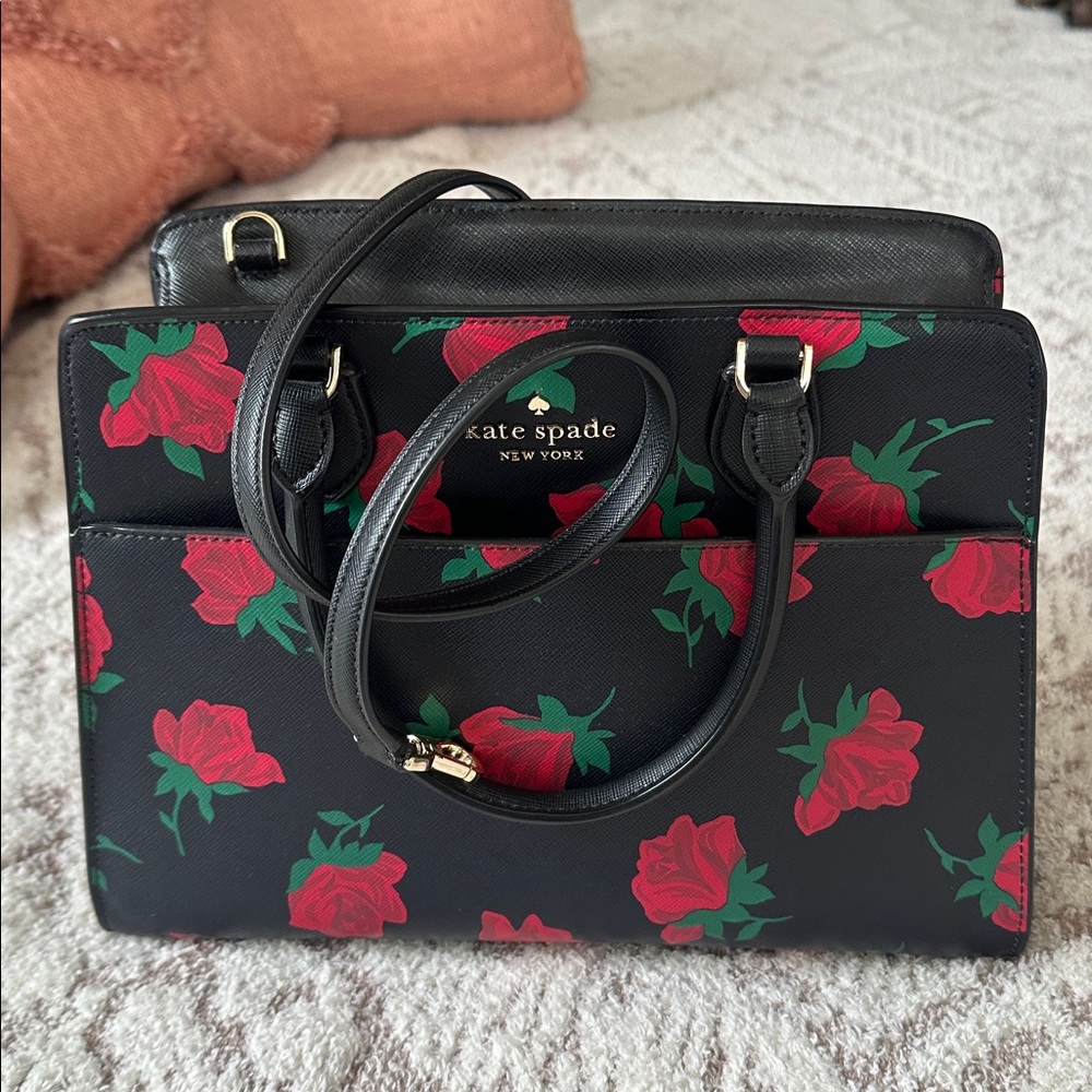Like-new Kate Spade New York satchel stunning black leather bold red rose print - Picture 7 of 7